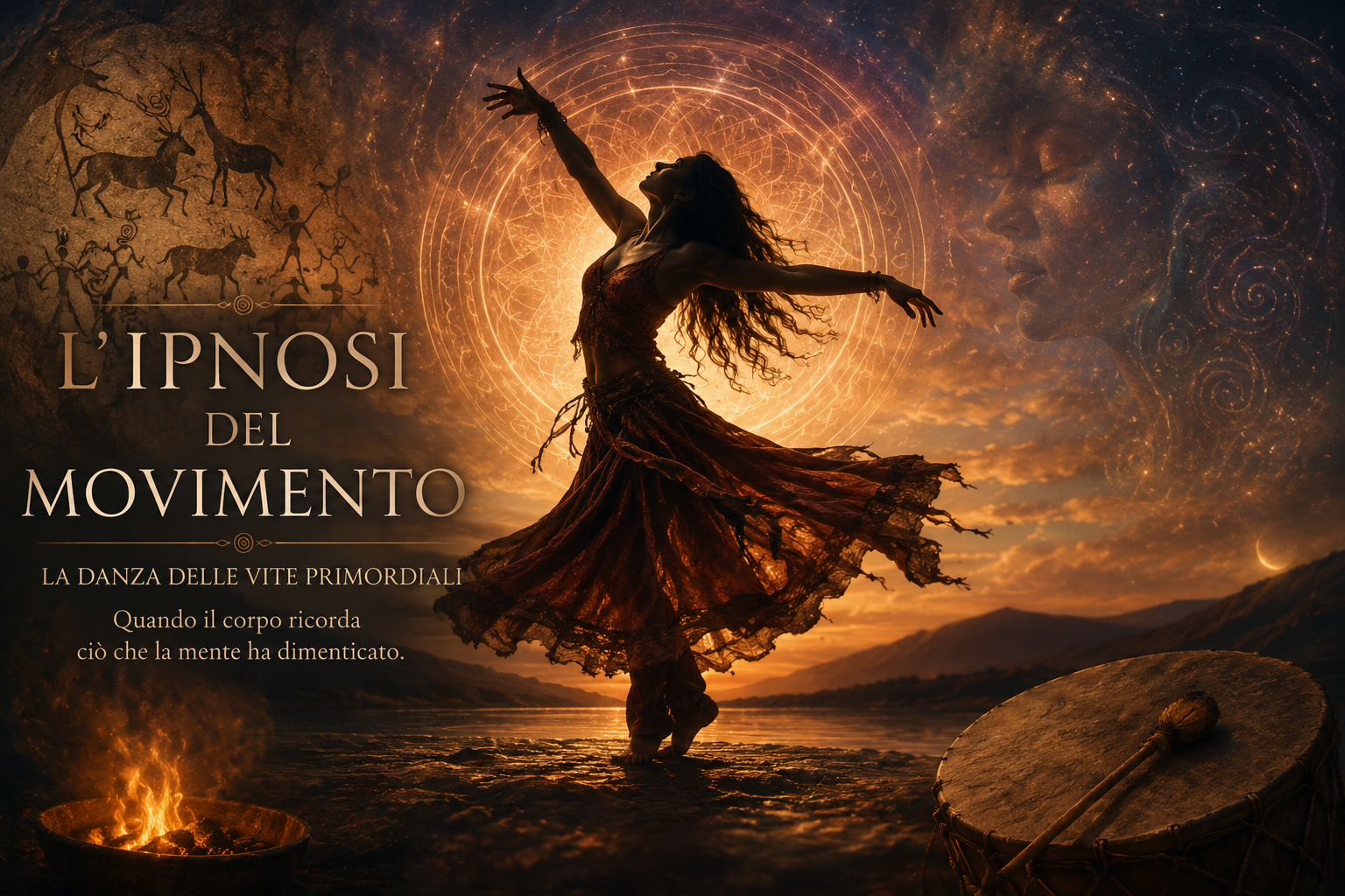 Donna che danza in uno stato di trance davanti a un simbolo luminoso, evocando l’ipnosi del movimento, le vite primordiali e il risveglio della memoria corporea.