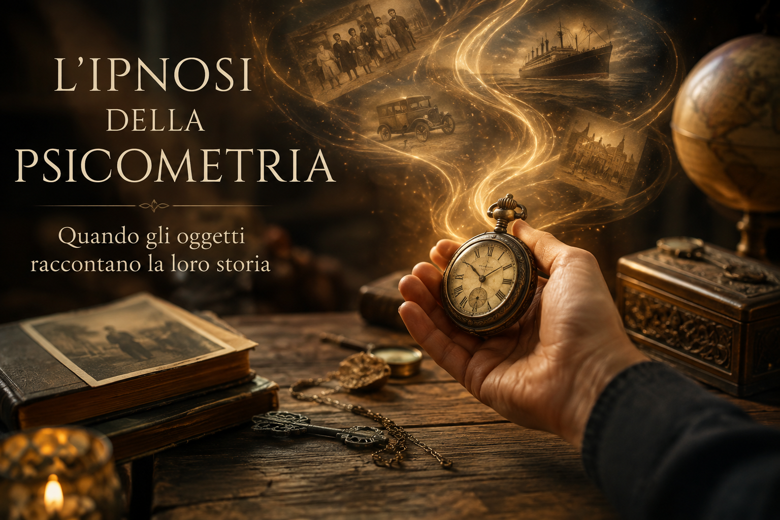 Ipnosi della psicometria: una mano tiene un antico orologio da tasca mentre immagini del passato emergono simbolicamente dall’oggetto, rappresentando la memoria degli oggetti e la percezione extrasens